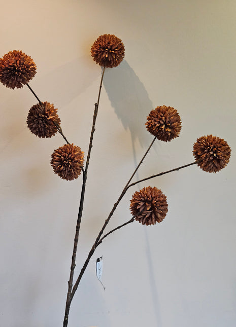 Kunstbloem chrysanthemum pompom bruin met bolachtige bloemen hoogte 98 cm