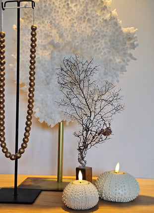 Waxinelichthouder Sea Urchin crème in sfeervol interieur met warme ambiance