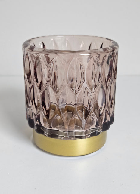 Waxinelichthouder roze glas met gouden voet Ø 7 cm
