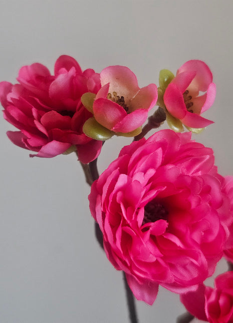 Close-Up Zijdebloem Bloesemtak Fuchsia  met een hoogte van 50cm en kleurijke realistische roze bladeren.