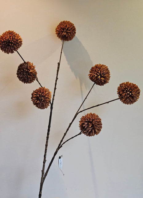 Kunstbloem chrysanthemum pompom bruin met bolachtige bloemen hoogte 98 cm
