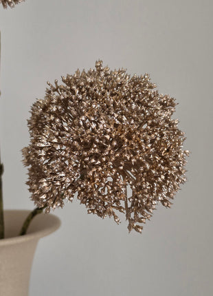 Close-up van goudkleurige Eupatorium kunsttak met glanzend bloemscherm boven een creme vaas tegen grijs