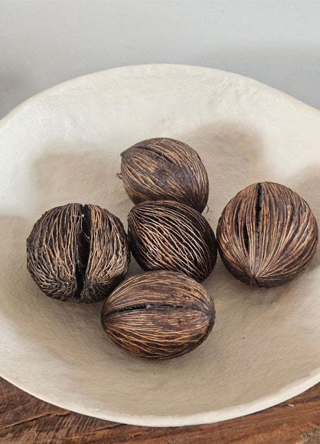 Vijf mintolla ballen in bruin in een geribbelde vezelige structuur in een witte ronde schaal op een houten ondergrond