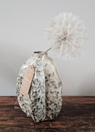 Vaasje Arquette beige-bruin keramiek M met platte ovale vorm en een crème dandelion kunsttak op een houten ondergrond voor een lichtgrijze muur