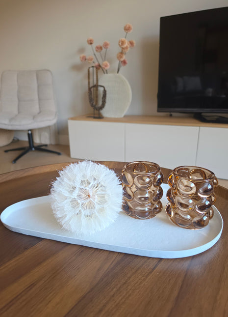 Decoratie Set Bubble Amber met waxinelichthouder Bubble in een complete interieurset met een bloem op een houten tafel