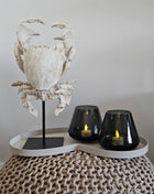 Woonaccessoire Set Ivory Crab met een crème krab ornament van Light en Living en twee grijze Tasman waxinelichthouders op ivoor dienblad.